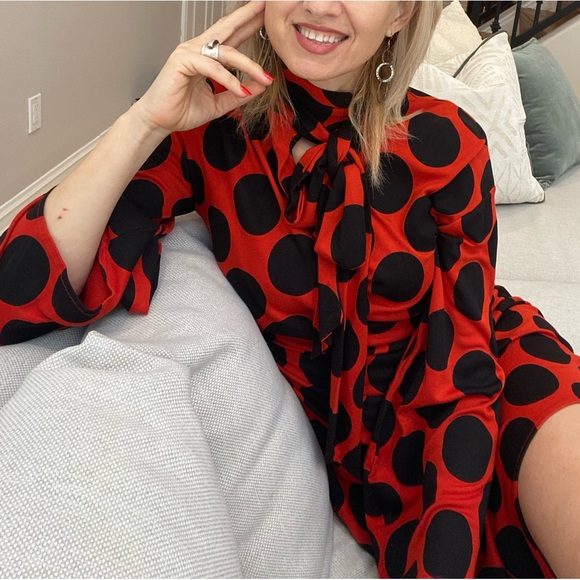Zara Orange-red Black Chic Polka Dot Asymmetrical dress midi scarf S black label - Picture 16 of 17